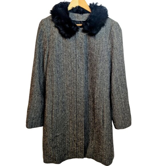 Banana Republic Herringbone Wool Blend Coat | Real Fur Collar | Women's Size XL - Picture 1 of 14